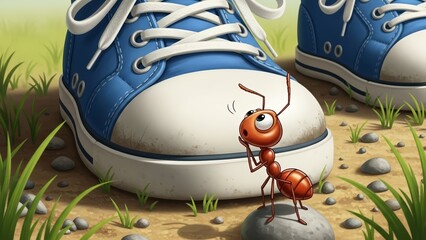 Tiny Ant Amazed by Giant Blue Sneaker on a Grassy Dirt Path