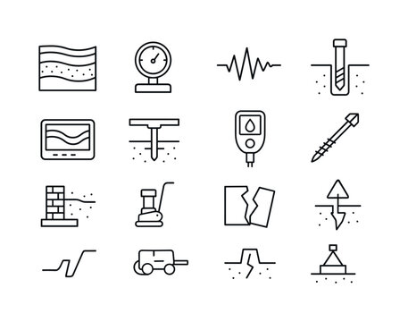 Geotechnical Line Icons. Geotechnical Systems. Line icon set of