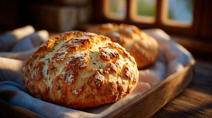 Macro shot of baked bread on wooden tray, warm oven light highlighting golden crust and rustic texture, inviting domestic baking environment with soft shadows