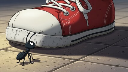 Tiny Ant Gazes Up at a Giant Red Canvas Sneaker on Tiled Ground