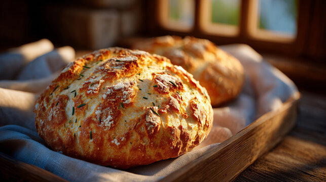 Macro shot of baked bread on wooden tray, warm oven light highlighting golden crust and rustic texture, inviting domestic baking environment with soft shadows - Powered by Adobe