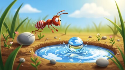 Whimsical Striped Ant Jumps over Water with Glass Orb Reflection