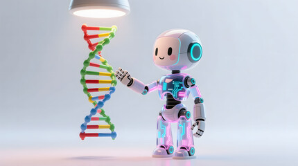A futuristic AI robot with a transparent chest and glowing pink and blue circuits carefully examines a spinning, vibrant DNA helix, symbolizing genetic research and biotechnology.