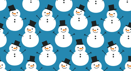 Bright winter pattern showing cheerful snowmen with black top hats and orange noses on a vivid blue background forming a seamless design for holiday decor.