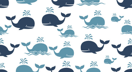 Fototapeta premium Vibrant whale pattern seamless illustration with blue and teal whales swimming and spouting water across a clean white background.