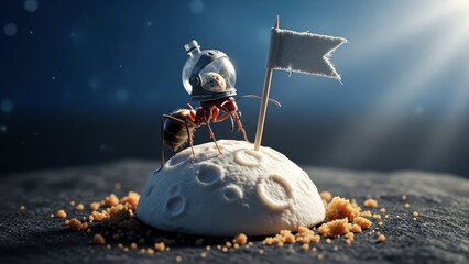 Ant Astronaut Plants Flag on Tiny Moon in Humorous Space Exploration