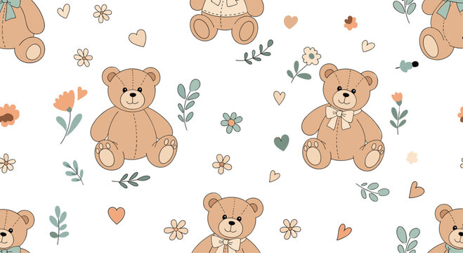 Soft pastel teddy bears sit and play among delicate flowers leaves and tiny hearts creating a warm cozy scene suitable for baby nursery decor.