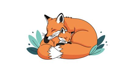 Obraz premium Mother fox curled around her cubs in a protective embrace surrounded by soft leaves sharing a warm quiet moment of tender bond and gentle family harmony.