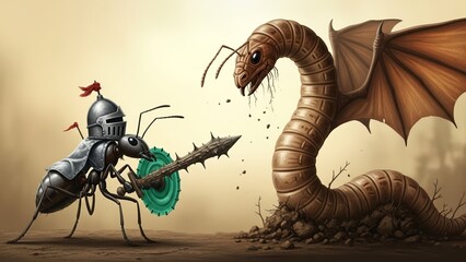 Brave Ant Knight Battles Fearsome Winged Worm Creature in Desolate Land