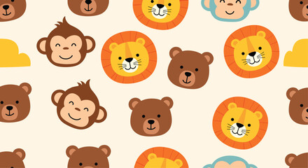 Fototapeta premium Colorful seamless pattern of cute animal faces including lions bears and monkeys on a soft beige background perfect for kids decor and fabrics.