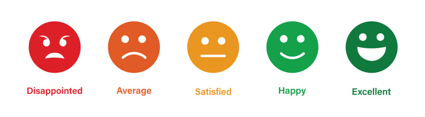 Emoji face icon set with diverse expressions. Vector cartoon emoticons showing different feelings. Customer satisfaction feedback and mood rating scale from happy to angry.