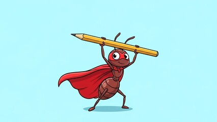 Strong Superhero Ant in Red Cape Lifting a Giant Pencil on Blue