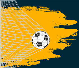 Soccer ball hitting a goal net against a distressed orange and navy blue background. Dynamic, sporty illustration of scoring.