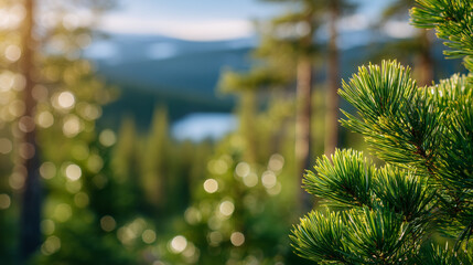 Close-up of a single pine needle cluster, golden sunlight filtering through, forest background blurred, warm, serene, and tranquil composition