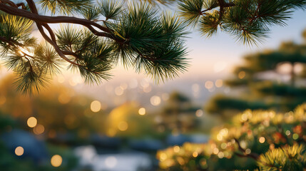 Pine needle branch in sharp focus, background forest softly diffused with golden sunlight bokeh, serene and harmonious natural atmosphere
