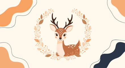 Naklejka premium Charming illustrated deer framed by a delicate branch wreath with soft pastel tones and decorative shapes creating a playful background.