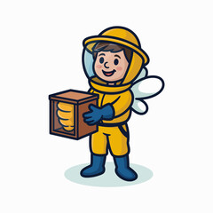 A cheerful cartoon depiction of a young beekeeper in protective gear holding a honeycomb box, symbolizing the joy of beekeeping and the importance of bees in nature.