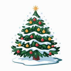 A beautifully decorated Christmas tree covered in snow, adorned with colorful ornaments and a shining star on top, creating a warm holiday atmosphere perfect for celebrations.