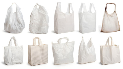Collection of various white plastic bags, including shopping, grocery, and reusable bags