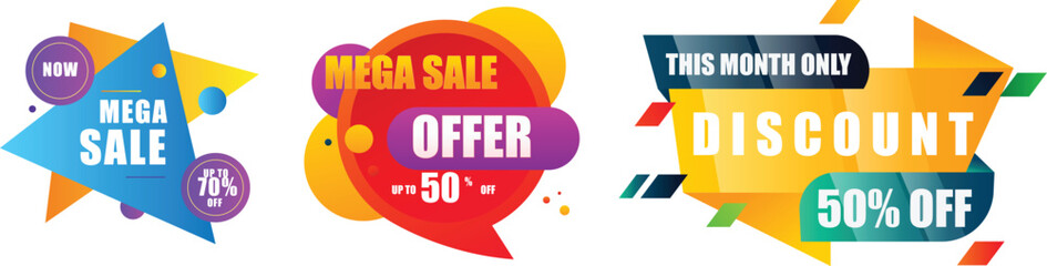 Mega sale offer discount labels now up to seventy percent off this month only vibrant graphic design elements