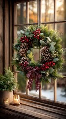 Beautiful Christmas wreath adorned with pinecones and berries hanging on a rustic window
