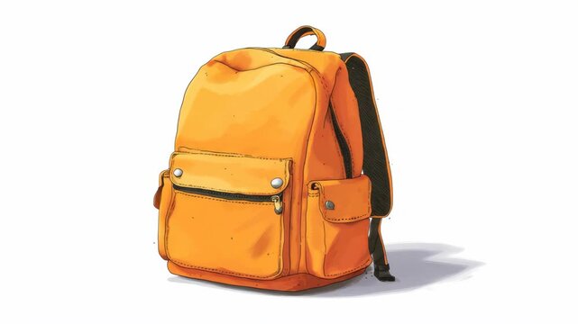 Orange backpack with front pocket, side compartments, and black straps, hand-drawn style on white background, concept of school or travel gear