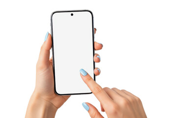 Female Hands Holding Modern Black Smartphone Mockup with Blank White Screen and Tapping Gesture Isolated