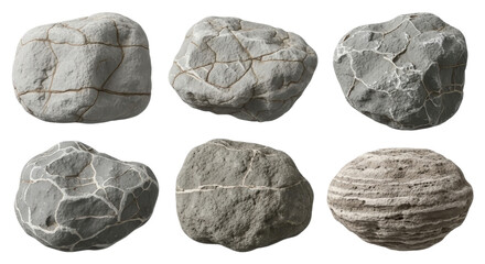 Collection of Six Grey Textured Rocks and Stones Isolated on White Background