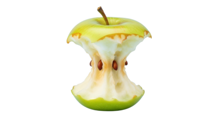 Bitten green apple core with seeds isolated on white background