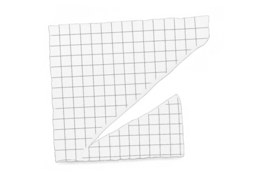 Torn piece of white grid paper with rough edges and a diagonal rip, creating abstract shapes, transparent background - Powered by Adobe