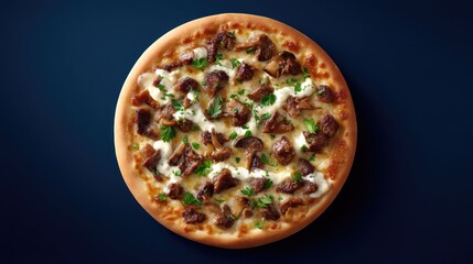 Delicious freshly baked pizza topped with juicy meat, melted cheese, and sprinkled with parsley on a dark background, perfect for food lovers and restaurants