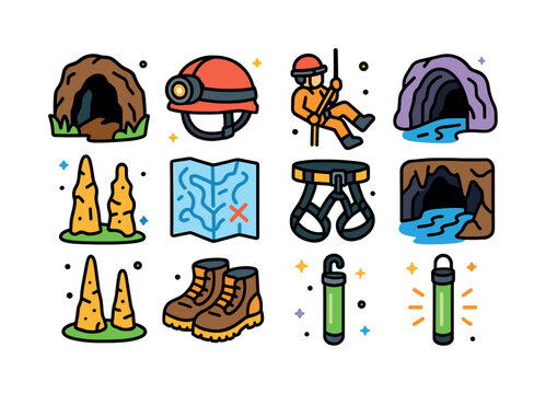 Caving Adventure Icons. Caving and spelunking adventures. Colorf