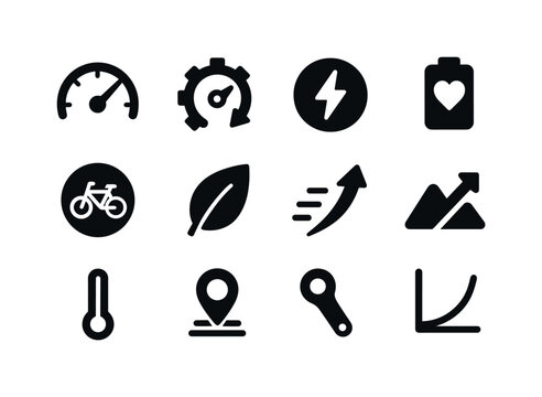 E-Bike Performance Icons. E-bike performance. Solid icon set of