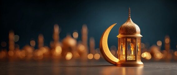 Elegant Golden Lantern and Crescent Moon Decorative Object on Dark Background for Islamic Celebration