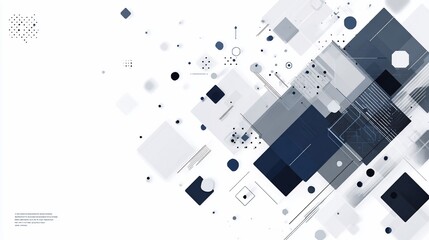 Geometric abstraction with squares, circles, and lines on a white background