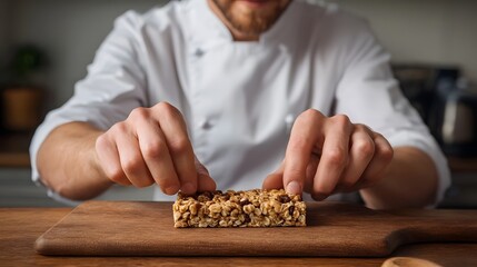 Chef placing a homemade granola bar on a wooden board for presentation