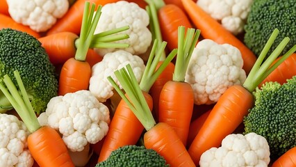 Fresh vegetables including carrots, broccoli, and cauliflower in a colorful arrangement