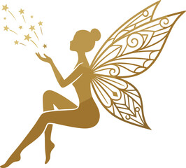 Golden fairy silhouette vector illustration, magical winged woman blowing stars, fantasy enchantment symbol isolated on white background, elegant decorative design art