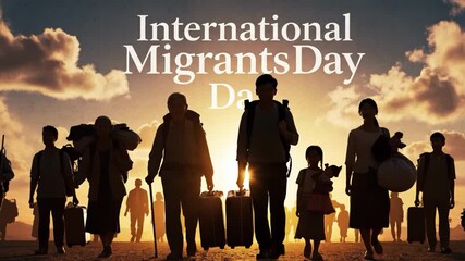 International migrants day theme with silhouettes at sunset