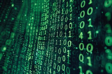 Data stream flowing on computer screen with binary code, creating a technological backdrop