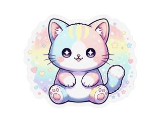 Cute Kawaii Pastel Rainbow Cat Illustration with Sparkling Eyes, isolated