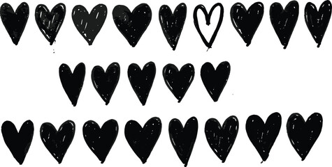 Grunge hand drawn heart shapes set in black ink style, rough textured love symbols for romantic designs, Valentine projects, posters, stickers, and vector illustration use