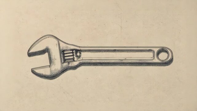 Hand-drawn sketch of an adjustable wrench in vintage engraving style on aged paper background, concept of tools, repair and mechanics