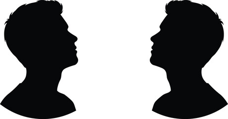 Male head profile silhouette illustration, facing side views of human face outlines for identity, psychology, avatar, portrait, and minimalist people vector design © Ideasy Mind