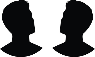 Male head silhouette profiles facing each other, mirrored human face outlines for identity, psychology, symmetry, avatar, and minimalist portrait vector illustration © Ideasy Mind