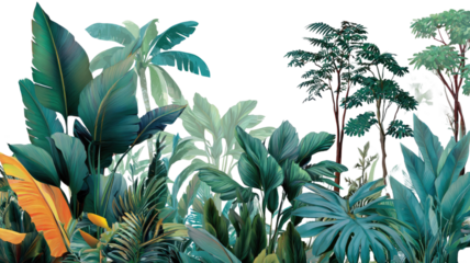 Tropical palm trees with green leaves swaying under a summer blue sky on a serene beach island vacation landscape