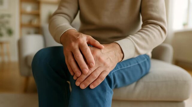 Man in casual clothes sitting on couch, holding knee. Guy suffers from joint pain. Gentleman apparent discomfort. Concept of prevention and treatment of diseases of musculoskeletal system. Leg injury