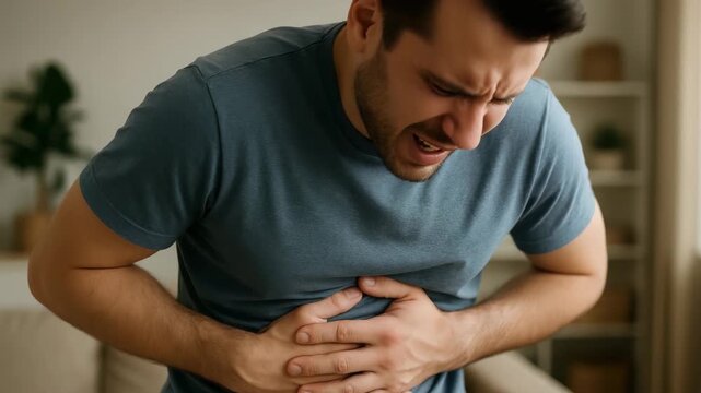 Man in casual attire, holding his stomach with pained expression, experiencing gastrointestinal distress or discomfort. Importance of prevention and timely treatment of diseases of digestive system