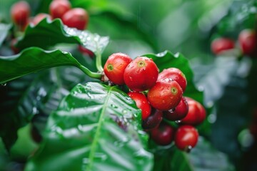 Close-up of ripe red coffee cherries growing on a branch with dark glossy green leaves