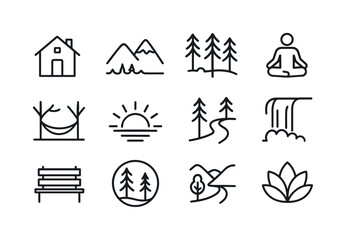 Retreat Icon Set. Retreat. Line icon set of Retreat: cabin silho